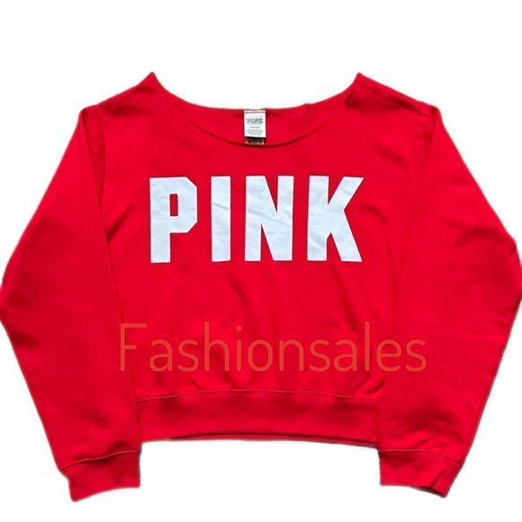 Victorias Secret Pink Everyday Cropped Fleece Off the Shoulder Sweatshirt Red L - Picture 1 of 4